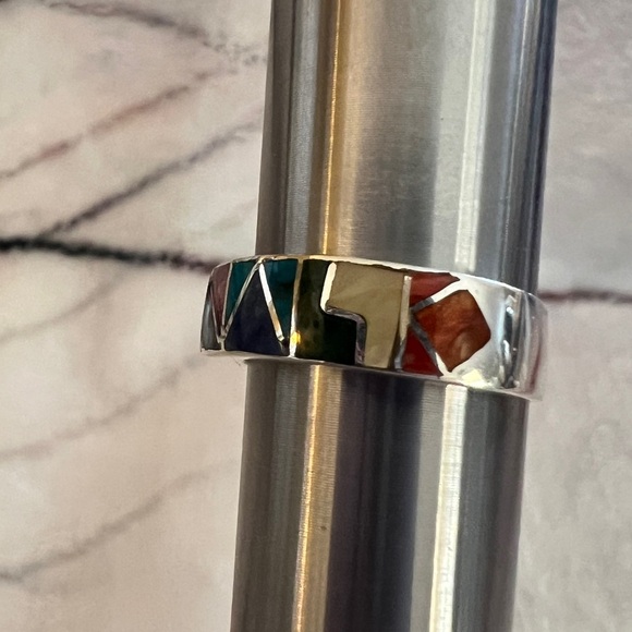 ❤️ Taxco 950 Sterling Silver Peruvian Inlaid Multi-Stone Band Ring Sz 8.5 Unisex - Picture 7 of 11
